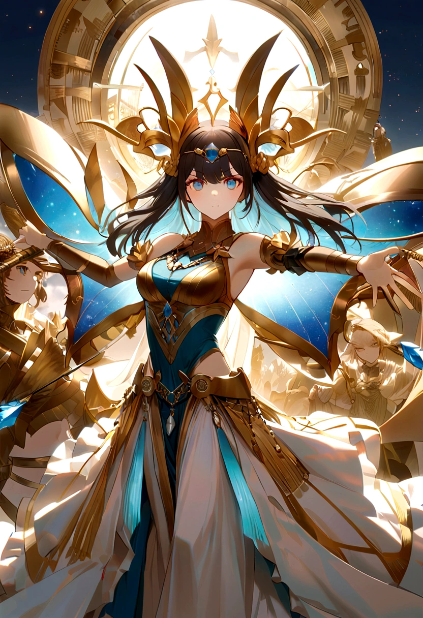 （Huang Li、high quality、Extremely detailed），Constellation-Sagittarius Goddess，Huge bow，The goddess draws the bow and shoots the arrow，Similar to Latin goodness，brave，capricious，Productivity，The face of enterprising and humanitarianism，Yellow hair，Ancient Greek costumes、Wrap Dress，The background is the universe，Crystal blue eyes（Eyes Details），Powerful appearance