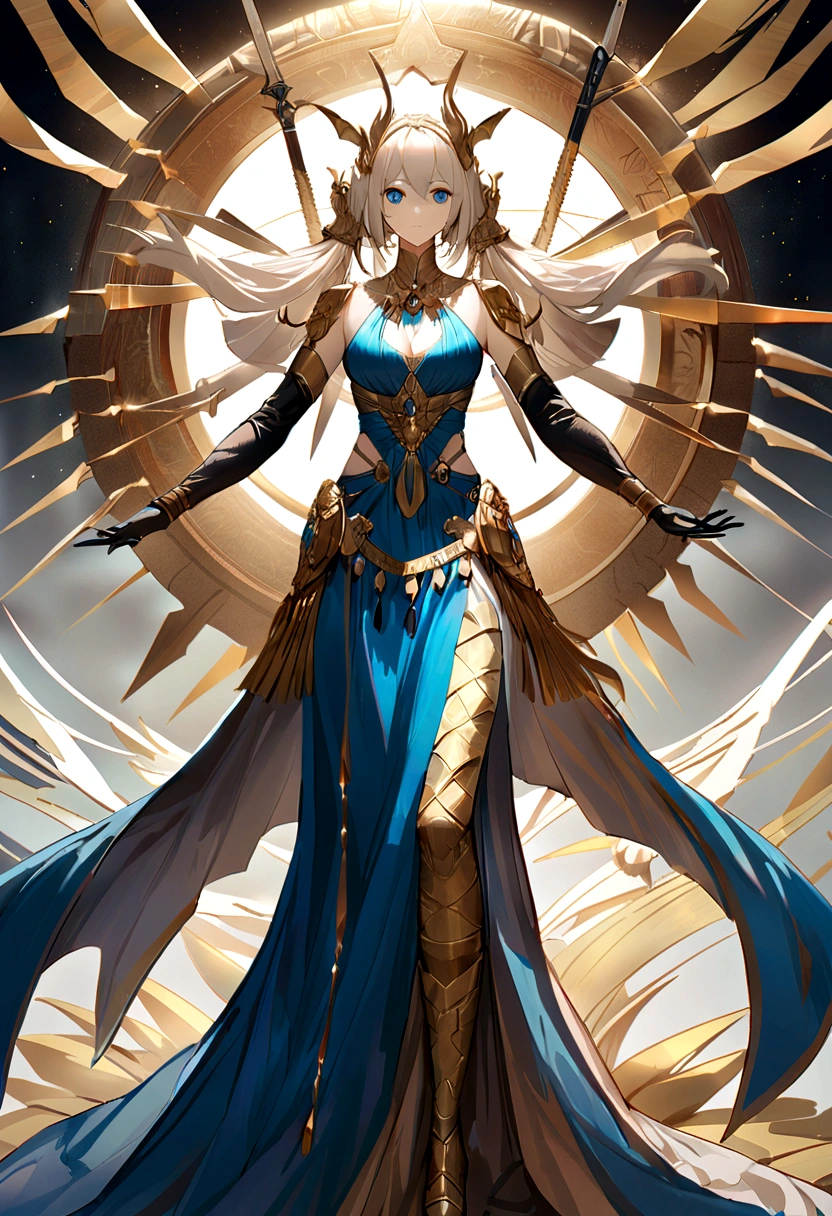 (Huang Li、high quality、Extremely detailed),Constellation-Sagittarius Goddess,Huge bow,The goddess draws the bow and shoots the arrow,Similar to Latin goodness,brave,capricious,Productivity,The face of enterprising and humanitarianism,Yellow hair,Ancient Greek costumes、Wrap Dress,The background is the universe,Crystal blue eyes(Eyes Details),Powerful appearance
