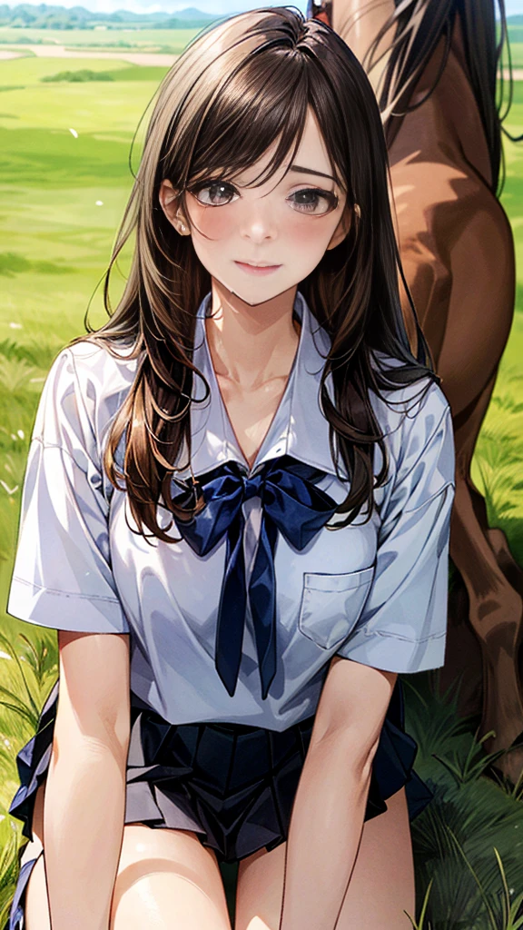 (masterpiece:1.2, top-quality, ultra high res, ultra detailed), (realistic, photorealistic:1.4), beautiful illustration, (natural side lighting, movie lighting),
looking at viewer, (face focus, upper body), 1 girl, japanese, high school dirl, perfect face, (perfect anatomy), cute and symmetrical face, baby face, shiny skin, slender
(long hair:1.5, straight hair:1.2, sark brown hair), parted bangs, grey eyes, long eye lasher, (medium breasts),
beautiful hair, beautiful face, beautiful detailed eyes, beautiful clavicle, beautiful body, beautiful chest, beautiful thigh, beautiful legs,
((detailed cloth texture, short sleeve white collared shirts, navy blue pleated mini skirt, red neck ribbon), , ,
(beautiful scenery), hands on chest, (lovely smile, upper eyes),
She is wearing a very short skirt.In a grassy field, a girl is on all fours, and a large horse is clinging to her back from behind, holding on tightly to her lower body.
Her face was bright red, her mouth was open, and she looked like she was about to cry.
She is wearing a very short skirt.