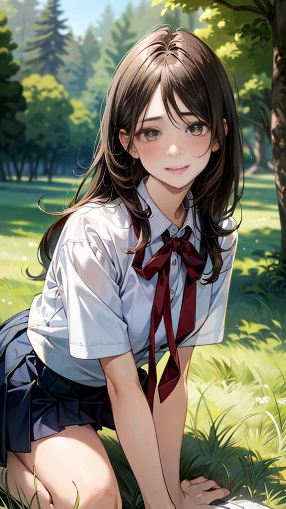 (masterpiece:1.2, top-quality, ultra high res, ultra detailed), (realistic, photorealistic:1.4), beautiful illustration, (natural side lighting, movie lighting),
looking at viewer, (face focus, upper body), 1 girl, japanese, high school dirl, perfect face, (perfect anatomy), cute and symmetrical face, baby face, shiny skin, slender
(long hair:1.5, straight hair:1.2, sark brown hair), parted bangs, grey eyes, long eye lasher, (medium breasts),
beautiful hair, beautiful face, beautiful detailed eyes, beautiful clavicle, beautiful body, beautiful chest, beautiful thigh, beautiful legs,
((detailed cloth texture, short sleeve white collared shirts, navy blue pleated mini skirt, red neck ribbon), , ,
(beautiful scenery), hands on chest, (lovely smile, upper eyes),
She is wearing a very short skirt.In a grassy field, a girl is on all fours, and a large horse is clinging to her back from behind, holding on tightly to her lower body.
Her face was bright red, her mouth was open, and she looked like she was about to cry.
She is wearing a very short skirt.