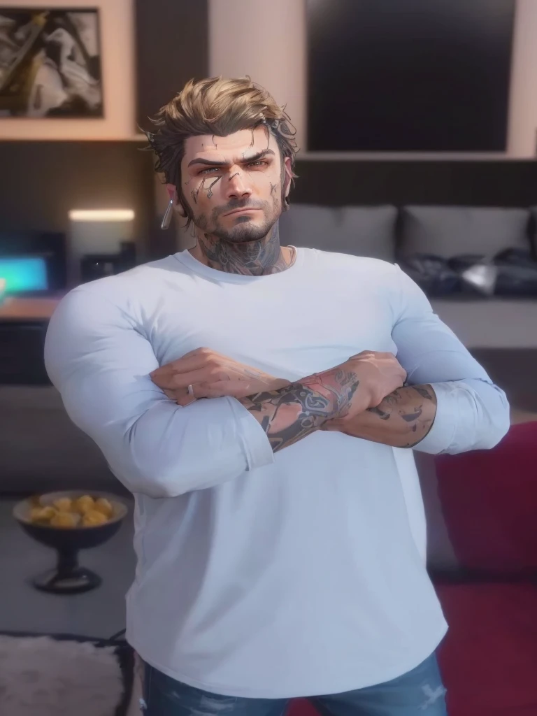arafed man with a tattoo on his arm standing in a living room, highly detailed full body, handsome stunning realistic, detailed full body, full body detailed, male character, highly detailed character, as a character from gtav, photorealistic full body, full body shot hyperdetailed, detailed character, portrait of adam jensen, cinematic full character, detailed skin