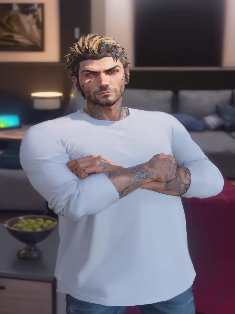 arafed man with a tattoo on his arm standing in a living room, highly detailed full body, handsome stunning realistic, detailed full body, full body detailed, male character, highly detailed character, as a character from gtav, photorealistic full body, full body shot hyperdetailed, detailed character, portrait of adam jensen, cinematic full character, detailed skin