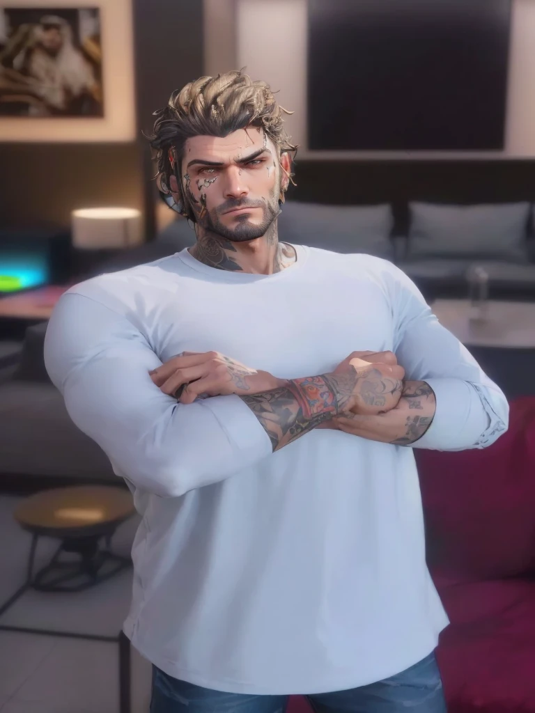 arafed man with a tattoo on his arm standing in a living room, highly detailed full body, handsome stunning realistic, detailed full body, full body detailed, male character, highly detailed character, as a character from gtav, photorealistic full body, full body shot hyperdetailed, detailed character, portrait of adam jensen, cinematic full character, detailed skin