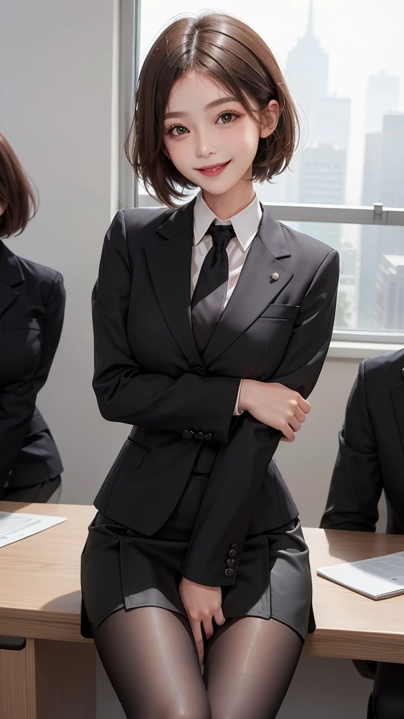 Best image quality、Ultra-high resolution、One Girl、Beautiful expression、(Black business suit,Tight Skirt,Black tights),office,smile,short hair