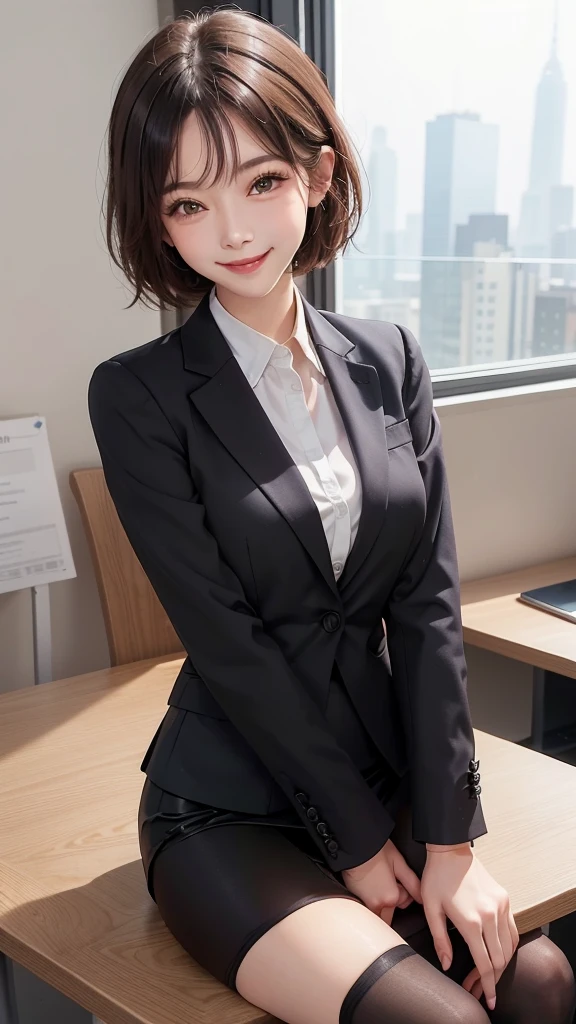 Best image quality、Ultra-high resolution、One Girl、Beautiful expression、(Black business suit,Tight Skirt,Black tights),office,smile,short hair