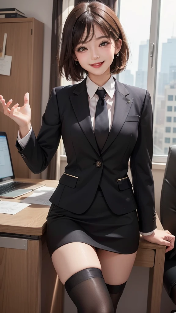 Best image quality、Ultra-high resolution、One Girl、Beautiful expression、(Black business suit,Tight Skirt,Black tights),office,smile,short hair