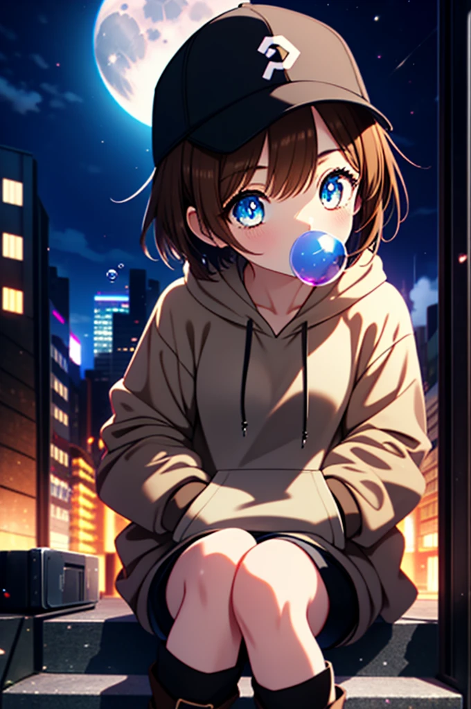 Mycotrose, Brown eyes,Brown Hair,short hair,Small breasts,Oversized black hoodie,Baseball hats,Shorts,boots,Both hands are in the pockets of the hoodie,Blowing bubble gum,Sitting on the stairs,night,moonlight,whole bodyがイラストに入るように,　　　　　　　　　　　　　　　　　 　　　break looking at viewer, whole body,　　　 　　　　　　break outdoors, Building district,　　　　　　　　　　　　　　　　　　break (masterpiece:1.2), Highest quality, High resolution, unity 8k wallpaper, (shape:0.8), (Beautiful and beautiful eyes:1.6), Highly detailed face, Perfect lighting, Highly detailed CG, (Perfect hands, Perfect Anatomy),