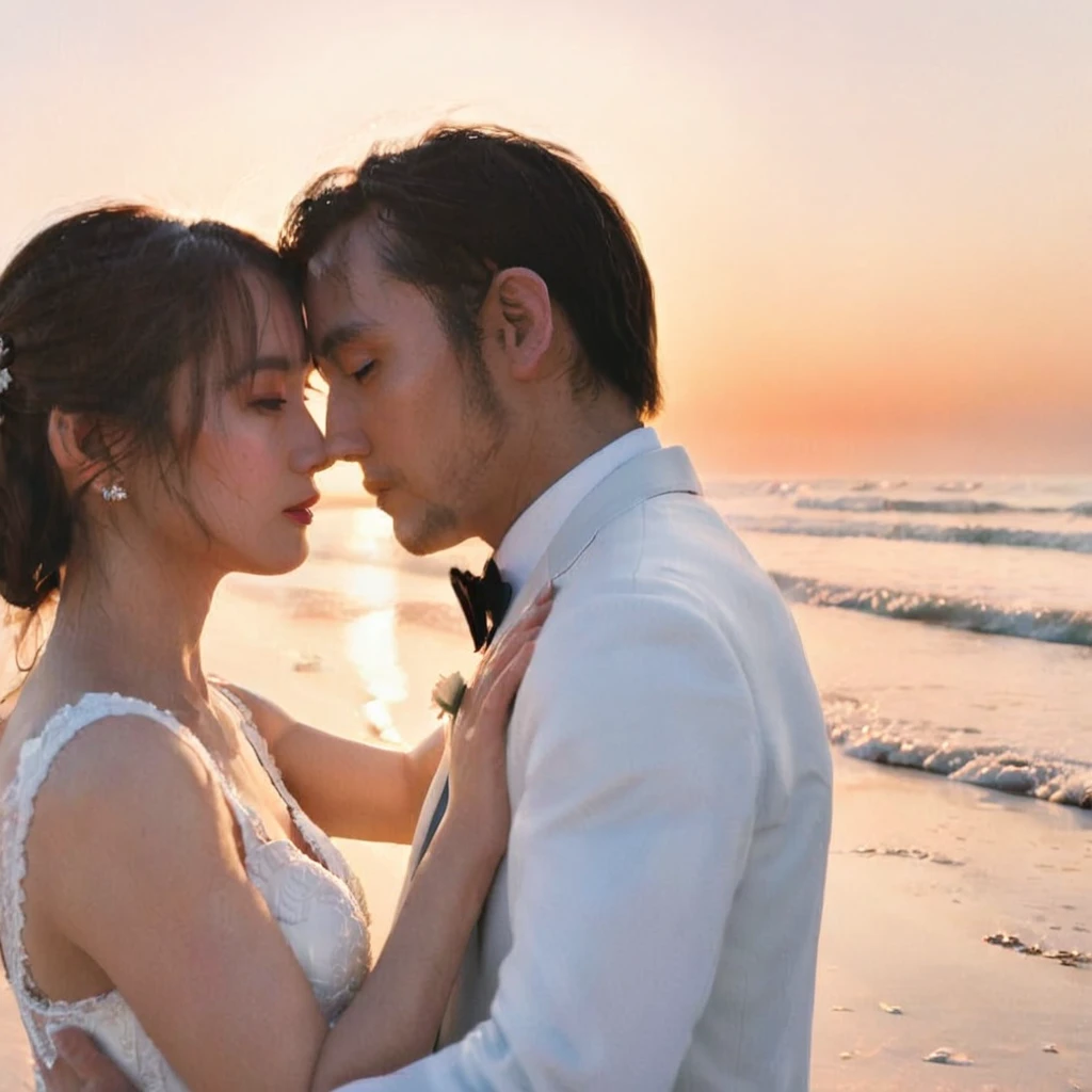 cinematographic style, cinematography, Tyndall effect, a beautiful couple standing forehead to forehead on a beach at sunset, the groom wearing a white tuxedo, the bride wearing a pristine white wedding dress, backlit, raytraced, rim lighting, hard shadow, (best quality,4k,8k,highres,masterpiece:1.2),ultra-detailed,(realistic,photorealistic,photo-realistic:1.37),HDR,UHD,studio lighting,ultra-fine painting,sharp focus,physically-based rendering,extreme detail description,professional,vivid colors,bokeh, フィルムグレイン