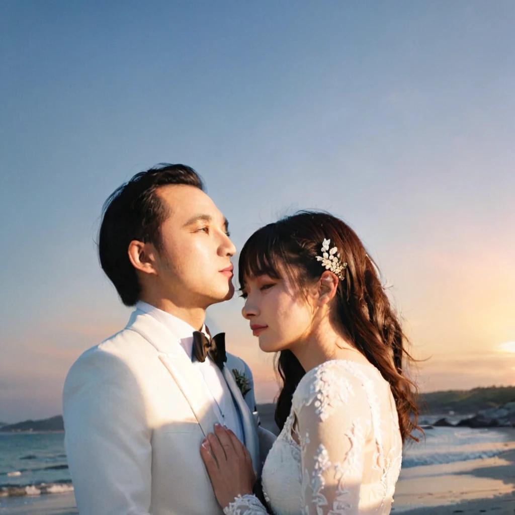 cinematographic style, cinematography, Tyndall effect, a beautiful couple standing forehead to forehead on a beach at sunset, the groom wearing a white tuxedo, the bride wearing a pristine white wedding dress, backlit, raytraced, rim lighting, hard shadow, (best quality,4k,8k,highres,masterpiece:1.2),ultra-detailed,(realistic,photorealistic,photo-realistic:1.37),HDR,UHD,studio lighting,ultra-fine painting,sharp focus,physically-based rendering,extreme detail description,professional,vivid colors,bokeh, フィルムグレイン