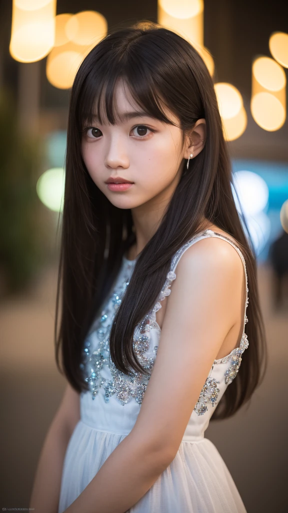 masterpiece, best quality, 8K, 15 years, teenager, RAW photos, absurd, Award-winning portrait, Solitary, night, neon, Idol face, Violet, Gardenia, delicate girl, Upper Body, Digital SLR Camera, Looking at the audience, frank, complicated, young, Thin arms, Professional lighting, Film Grain, Chromatic Aberration, (Detailed eyes and face:1.0), (Bokeh:1.1)