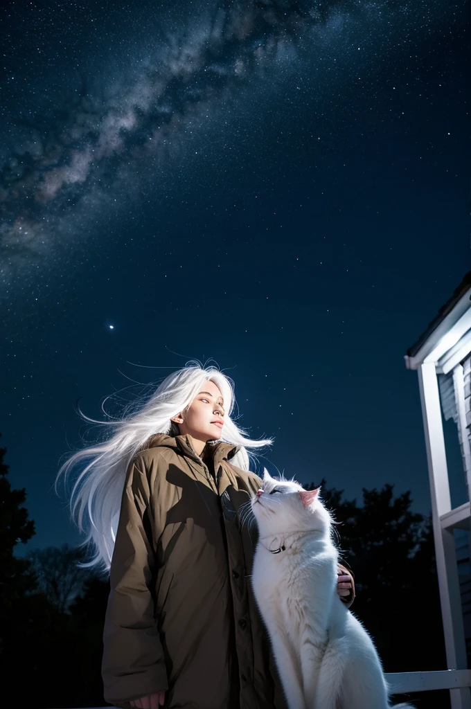 Cartoon character A man and a white long-haired cat girl looking at the night sky together at night
