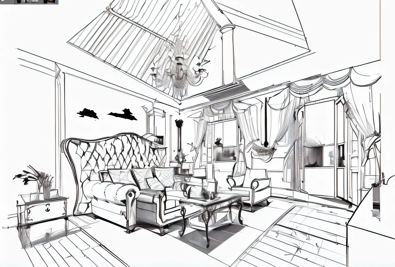 a room interior with a sofa and chair, extreme three point perspective, 2 point perspective, 3d perspective, high quality rendering, one point perspective, detailed line art, sketch illustration, 1-point perspective, perspective, 5 point perspective, detailed line art, 2-point perspective, line art illustration