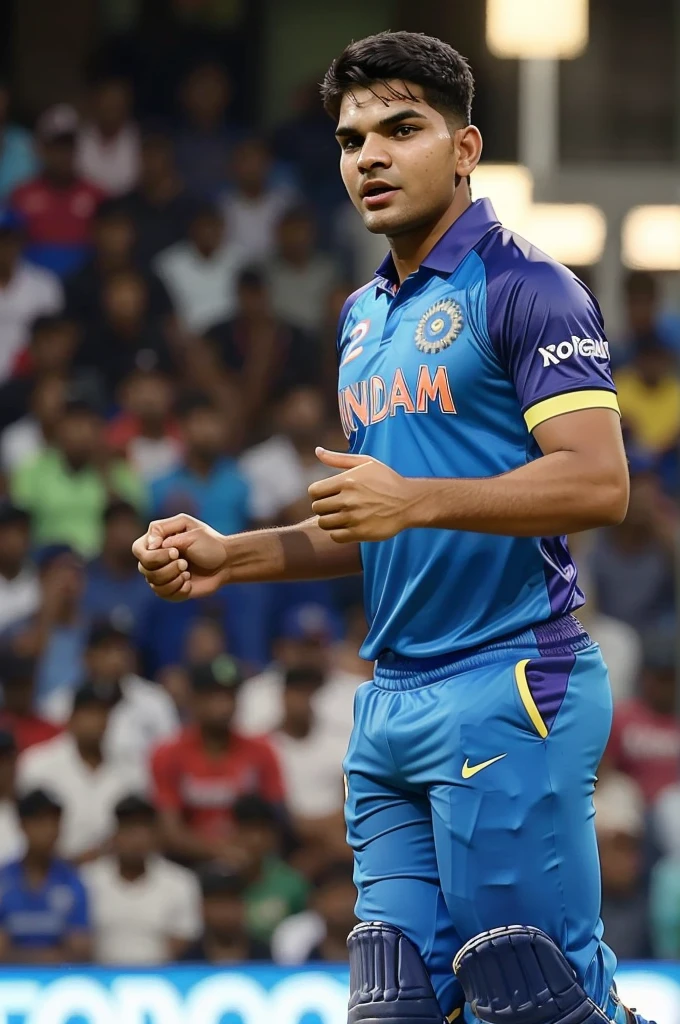 "Create a humorous trolling image of Indian cricketer Shubman Gill after scoring only 2 runs against Zimbabwe in the 2nd T20 match in 2024. The image should feature Shubman Gill looking disappointed, with a scoreboard showing '2 runs' next to his name. In the background, include a comic-style thought bubble with the text 'Shouldn't have unfollowed Rohit!' and a small, cartoonish version of Rohit Sharma shaking his head in disapproval. The scene should be set in a cricket stadium with exaggerated, playful colors and a light-hearted, mocking tone."
