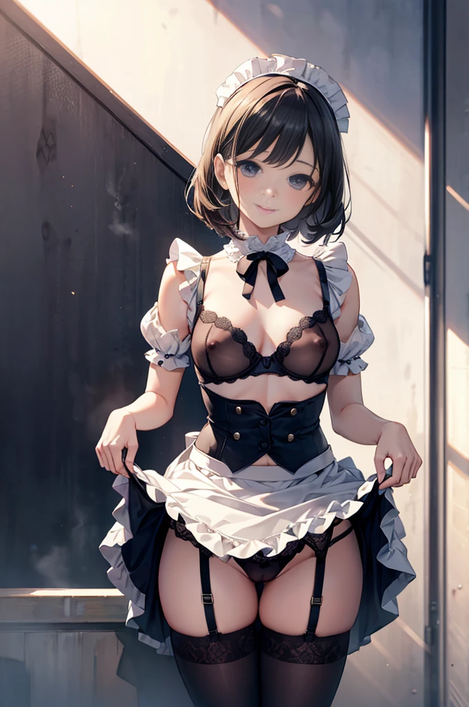 (masterpiece), Mature Woman,Frilled maid outfit, Small breasts,Natural light, Realistic, Diffuse Light, skinny, vapor, (Please lift your skirt), (urination), With a smile.garter belt,Enamel stockings,Long nipples,Areola,See-through bra, Fellatio gestures,Frill apron