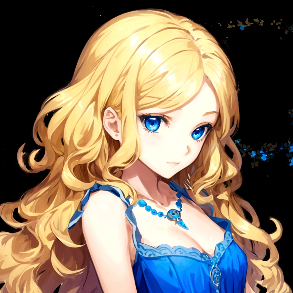 A young girl that has long, wavy blonde hair and blue eyes. She is wearing a blue dress with intricate details and a matching blue necklace. She has a gentle and composed expression on her face.