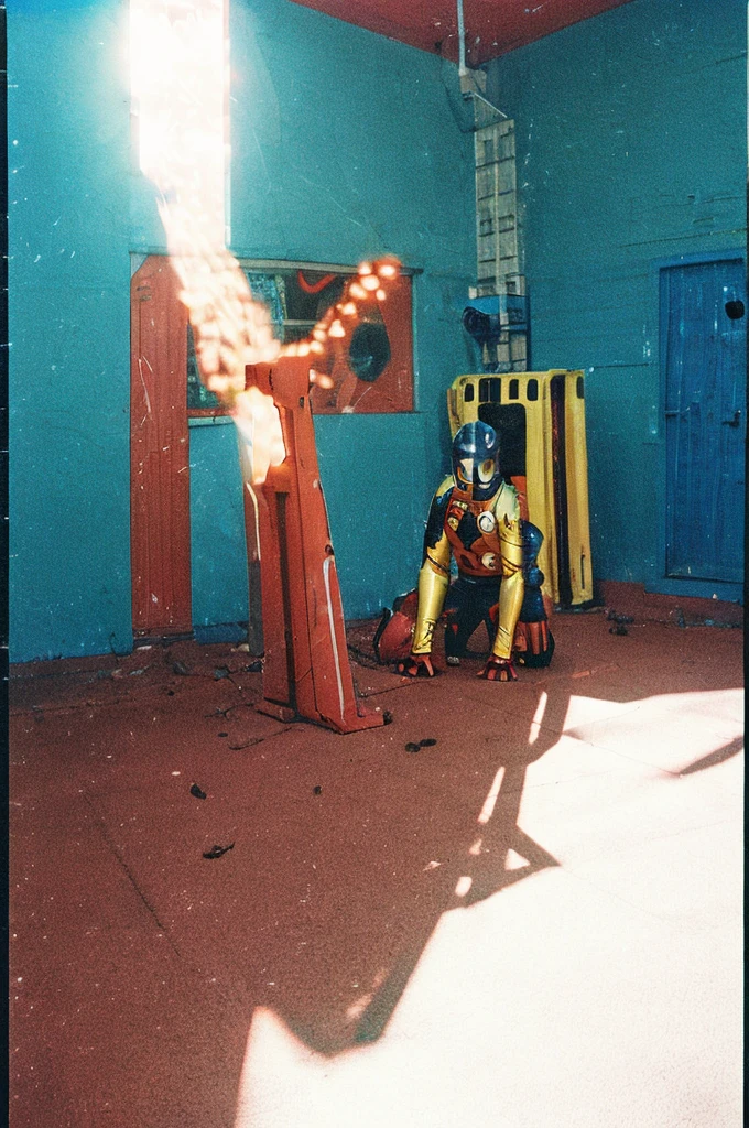 Thai super hero look like iron man but low budget retro version 1955's the costume a DIY, homemade using low-budget Lomo film style making tricks to create striking visual effects, particularly with regard to lighting.