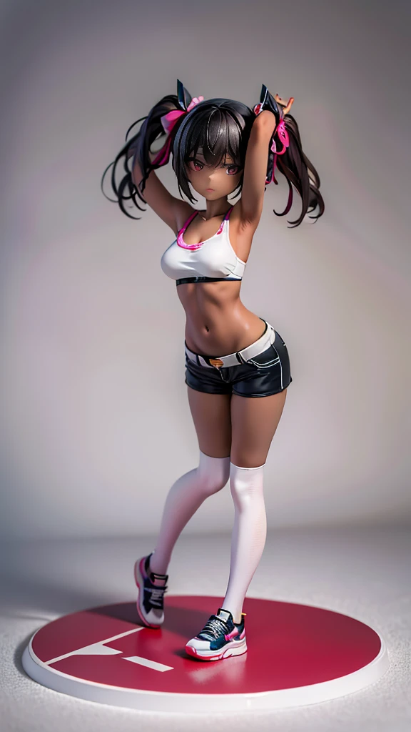 masterpiece, best quality, ultra detailed, 1girl, dark skin, twin tails, thighhighs, (micro short shorts), tube top, full body, street, medium breasts, armpit,