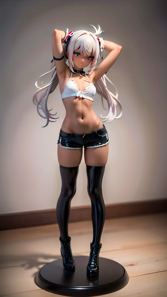 masterpiece, best quality, ultra detailed, 1girl, dark skin, twin tails, thighhighs, (micro short shorts), tube top, full body, street, medium , armpit, 