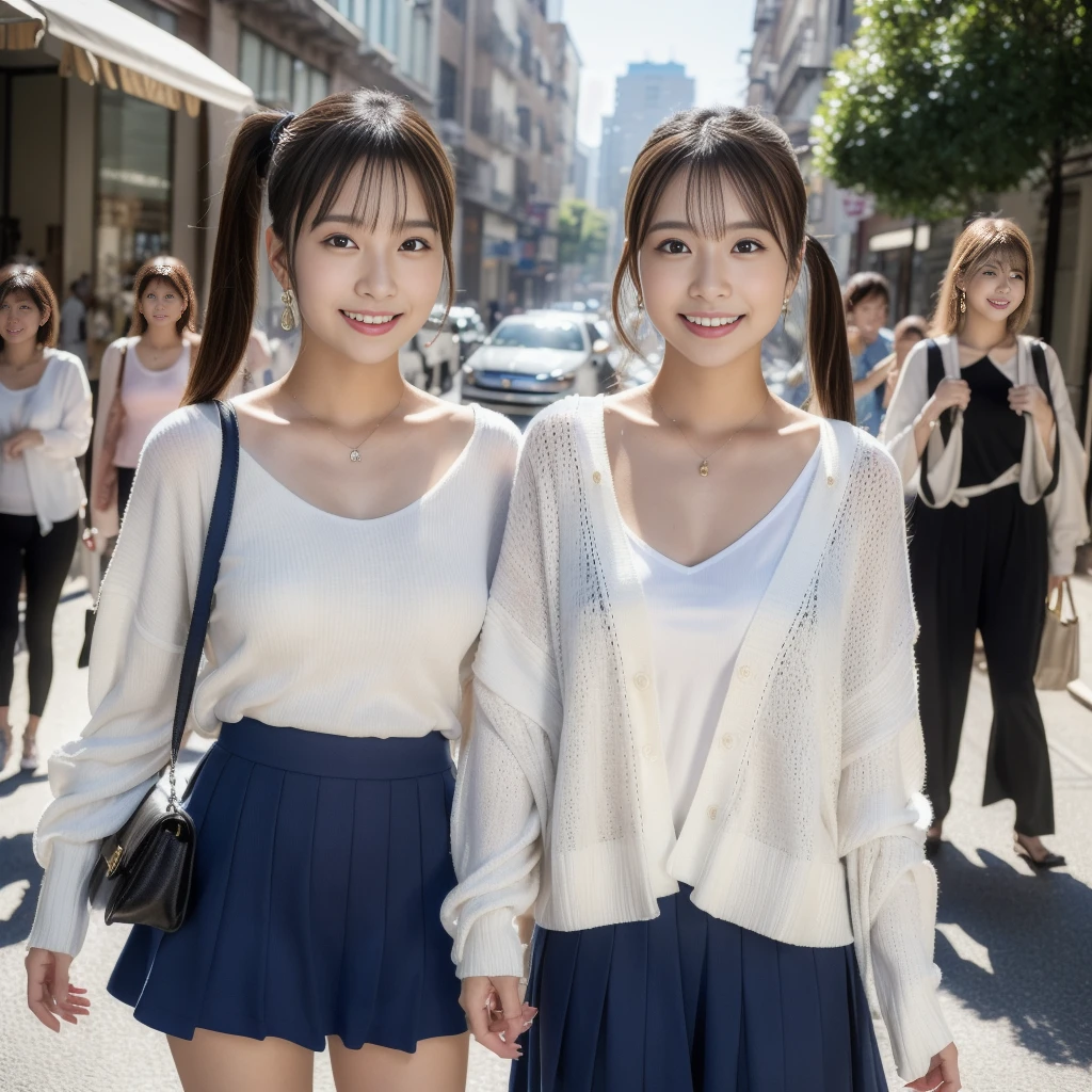 (8K、Raw photography、top-quality、​masterpiece:1.2)、(realisitic、Photorealsitic:1.37)、ultra-detailliert、超A high resolution、1 fair-skinned girl、beautifull detailed face、In the street、full body Esbian、poneyTail、hand bag、Cardigan、flered skirt、(glowing earrings)、a smile