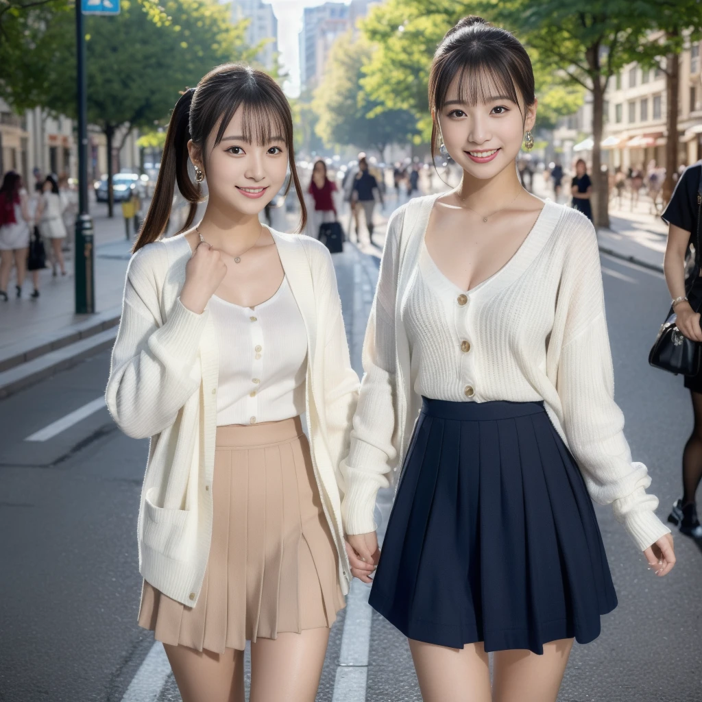 (8K、Raw photography、top-quality、​masterpiece:1.2)、(realisitic、Photorealsitic:1.37)、ultra-detailliert、超A high resolution、1 fair-skinned girl、beautifull detailed face、In the street、full body Esbian、poneyTail、hand bag、Cardigan、flered skirt、(glowing earrings)、a smile