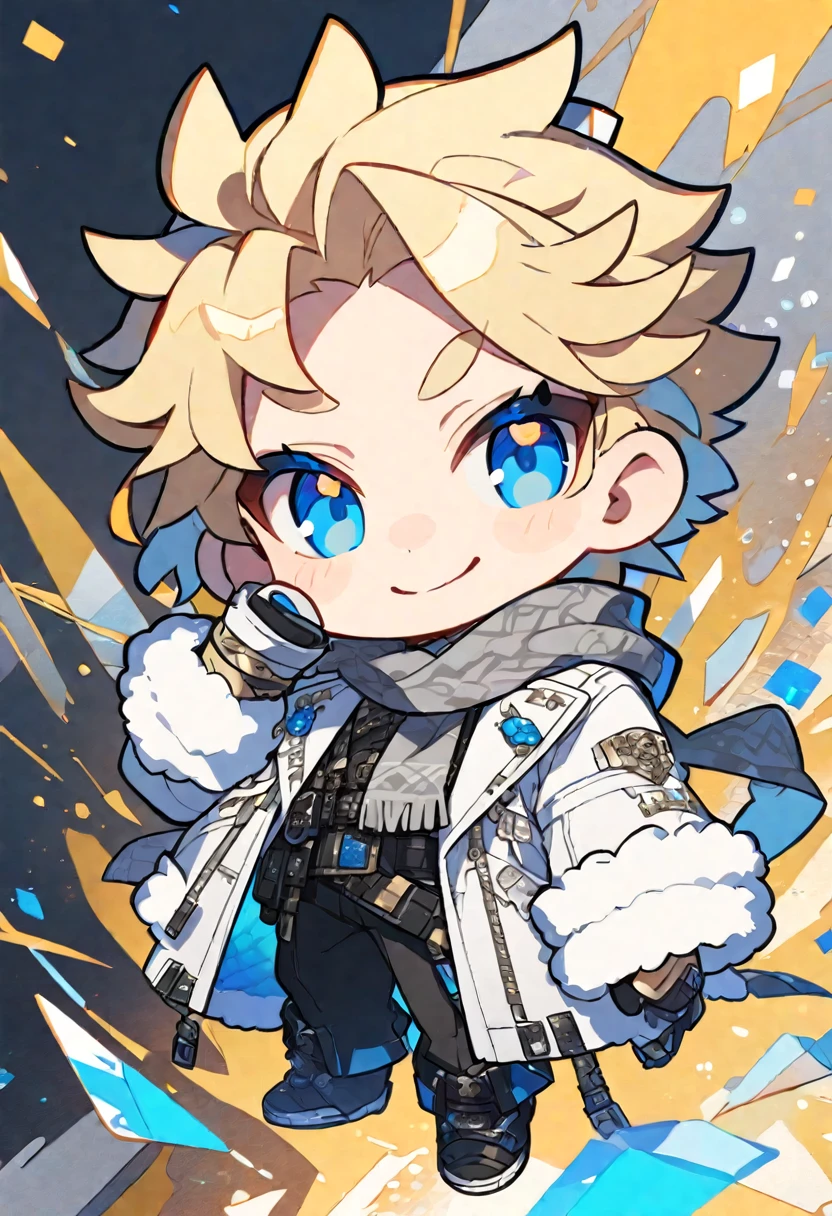 Solo, male, blonde hair, blue eyes, white fur coat, gray scarf, black pant, smile facial, chibi