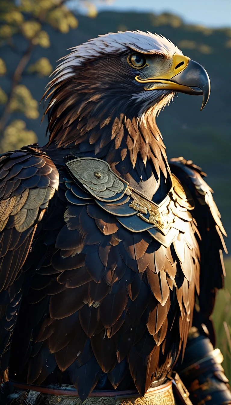 masterpiece, (Super detailed), (Animal anthropomorphism), eagle, good looking, Japanese Armor,knife、 Dim lighting, cigarette, Shadow, Night grassland battlefield, Highest quality, Single Focus, (skimming: 1.1), Muscular man, whole body, Complex (High detail: 1.1) Unreal Engine.multiple、