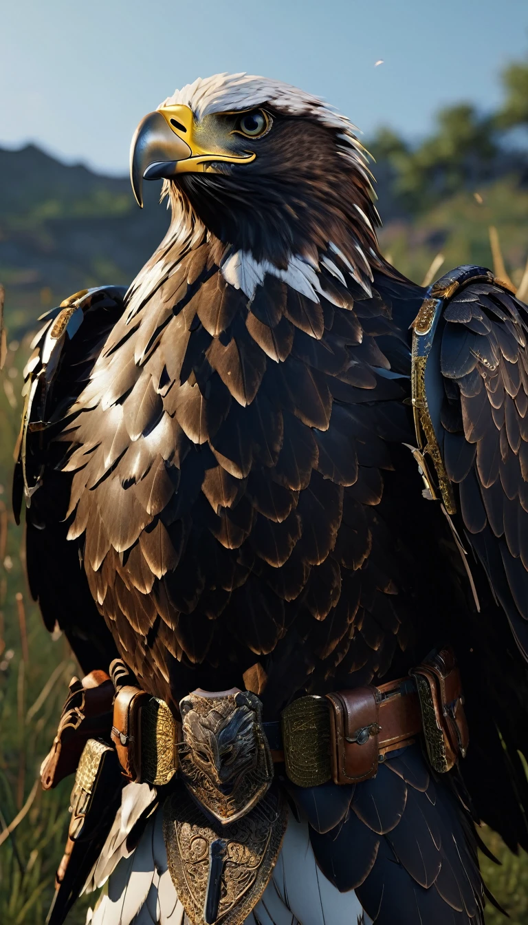 masterpiece, (Super detailed), (Animal anthropomorphism), eagle, good looking, Japanese Armor,knife、 Dim lighting, cigarette, Shadow, Night grassland battlefield, Highest quality, Single Focus, (skimming: 1.1), Muscular man, whole body, Complex (High detail: 1.1) Unreal Engine.multiple、