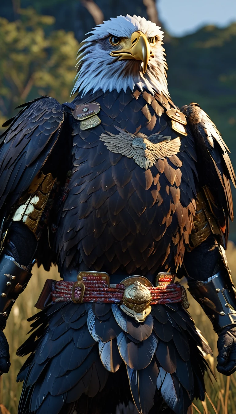 masterpiece, (Super detailed), (Animal anthropomorphism), eagle, good looking, Japanese Armor,knife、 Dim lighting, cigarette, Shadow, Night grassland battlefield, Highest quality, Single Focus, (skimming: 1.1), Muscular man, whole body, Complex (High detail: 1.1) Unreal Engine.multiple、