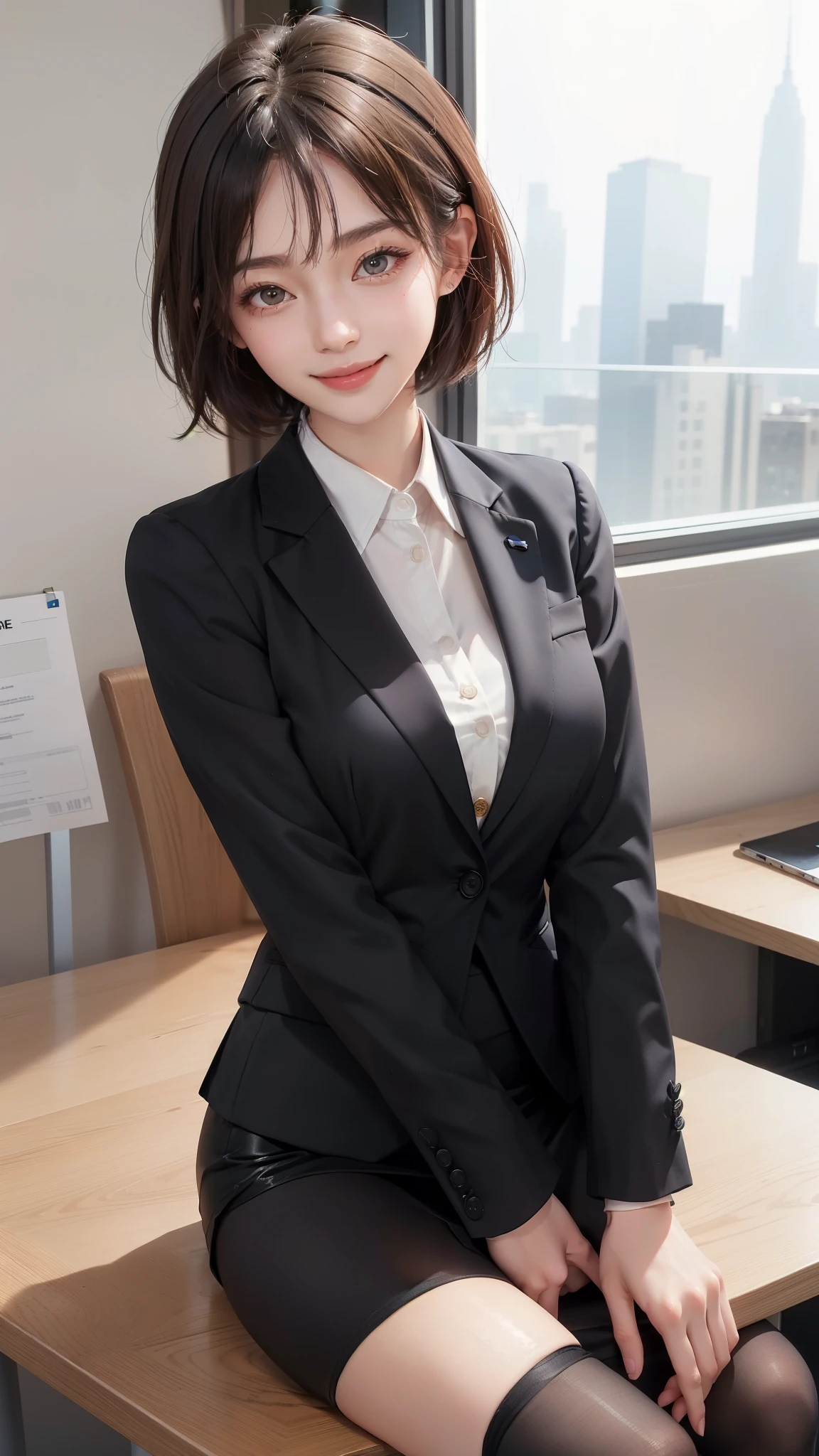 Best image quality、Ultra-high resolution、One Girl、Beautiful expression、(Black business suit,Tight Skirt,Black tights),office,smile,short hair