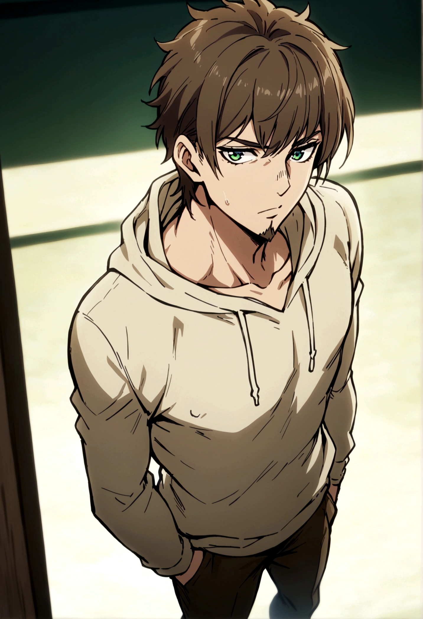 fullbody,masterpiece,standing,light brown hoodie,dark brown short hair,green eyes,(bangs),adult,1boy,solo,light stuble,(slight beard),slim,