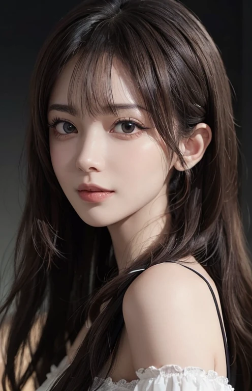 (Surreal), (illustration), (Improve resolution), (8K), (Extremely detailed), (Best illustration), (Beautiful and delicate eyes), (best quality), (Extremely detailed), (masterpiece ), ( wallpaper), (Delicate face), Solitary, 1 girl, Looking at the audience, Fine details, Delicate face, in the darkness, Deep Shadows, Low profile, Purebred face_v1, Smile, Long hair, Black shawl straight hair , Side bangs