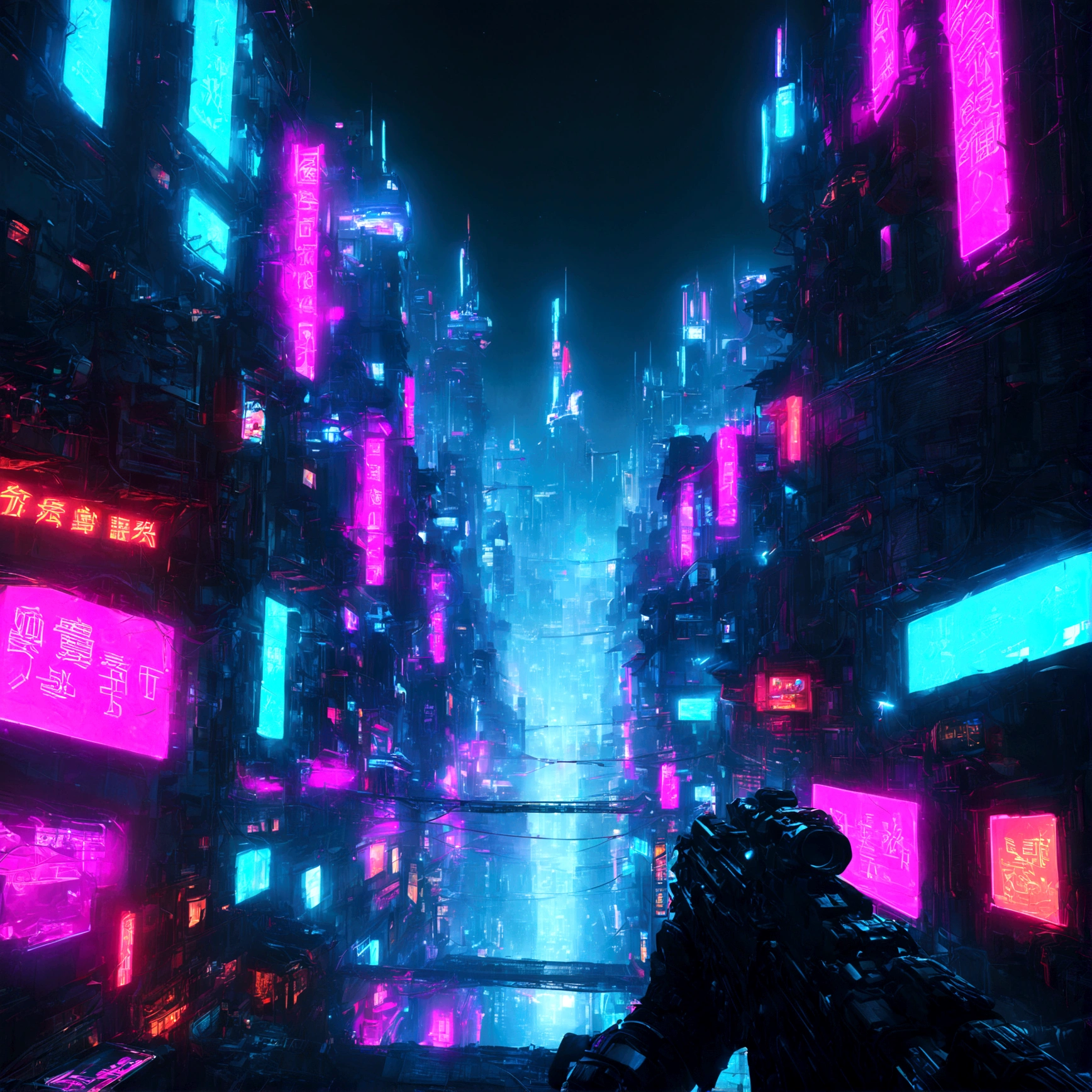 sf, Near future city, Town, First Person View, night, neon, cyber punk, overwhelm, Tension