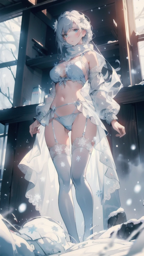((masterpiece, best quality)), Epic battlefield atmosphere,Delicate face,Snow Woman,winter,Snow Mountain,whole body,Standing picture,glowing white eyes,Large Breasts,Perfect body proportions,Pure white background,firefly,Snow,snowflake,Edelweiss,Lace,Transparent sex bikini