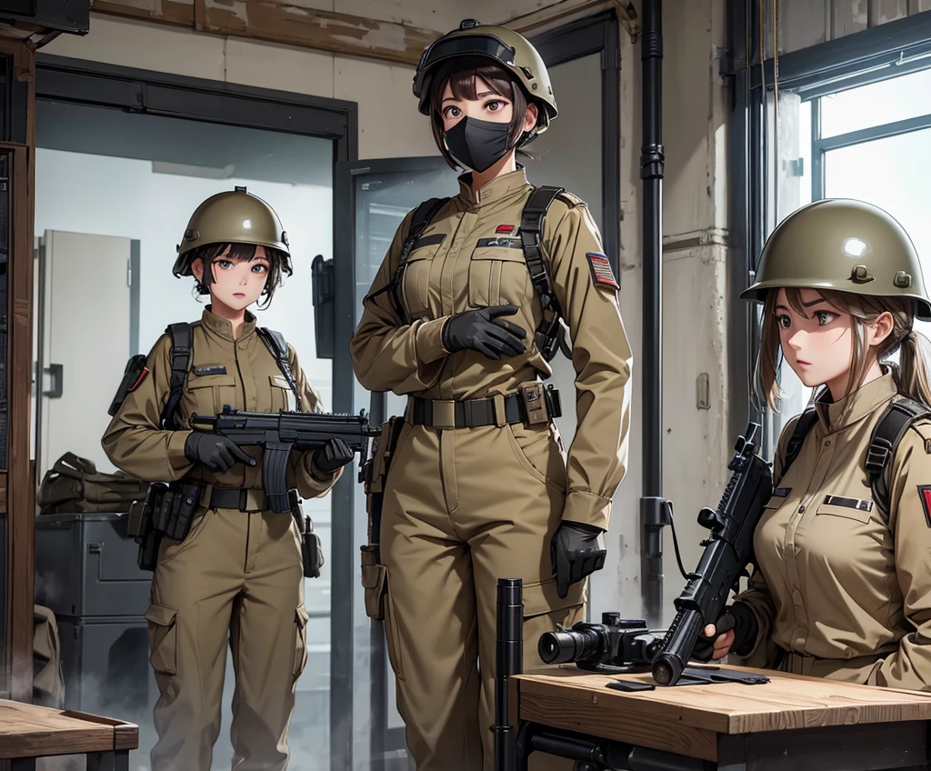 A group of female soldiers in beige military uniforms、Wear a steel helmet、Military Pants、Alert with guns、Indoor Factory、Write details、masterpiece、best quality、Highly detailed CG、8K picture quality