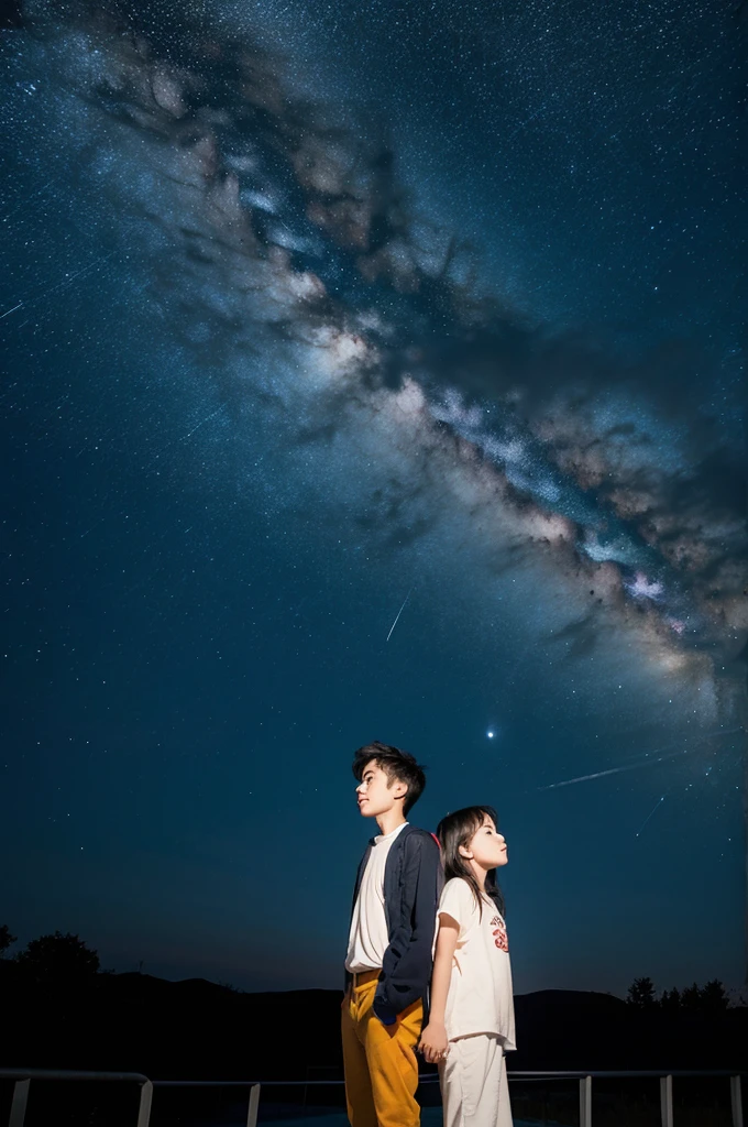 A photo of a cartoon character man and girl looking at the night sky