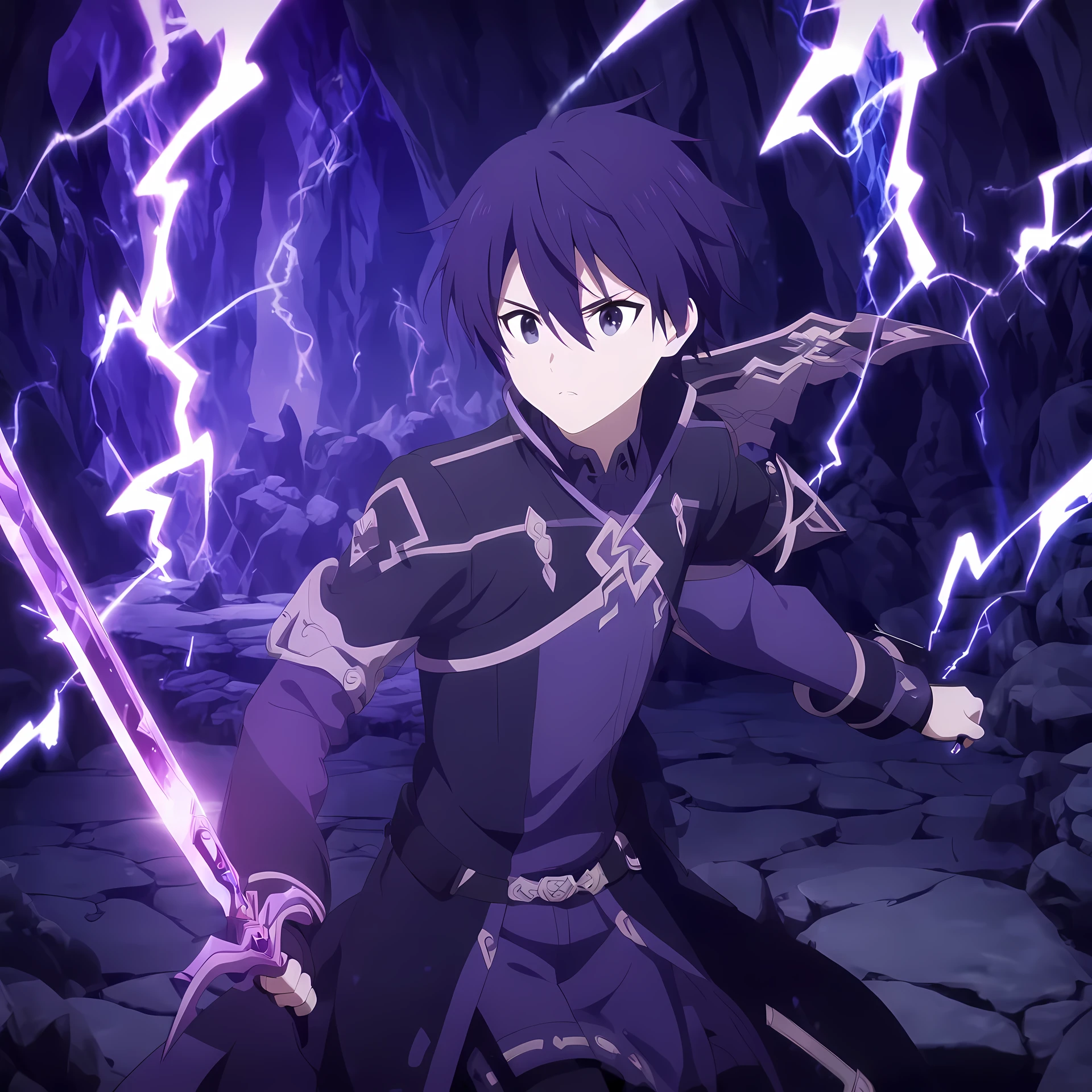 Anime Style,Male,Boy Violet Hair, Violet, Black eyes, Violet Outfit, Dual sword, cave Background, Fantasy, lightning effect, HD