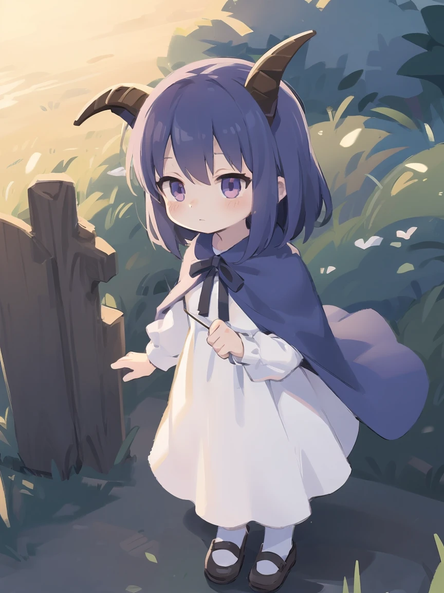 a cartoon image of a girl in a blue cape and white dress, an anime drawing by Jin Homura, pixiv, anime style like fate/stay night, black haire, goat horns, standing