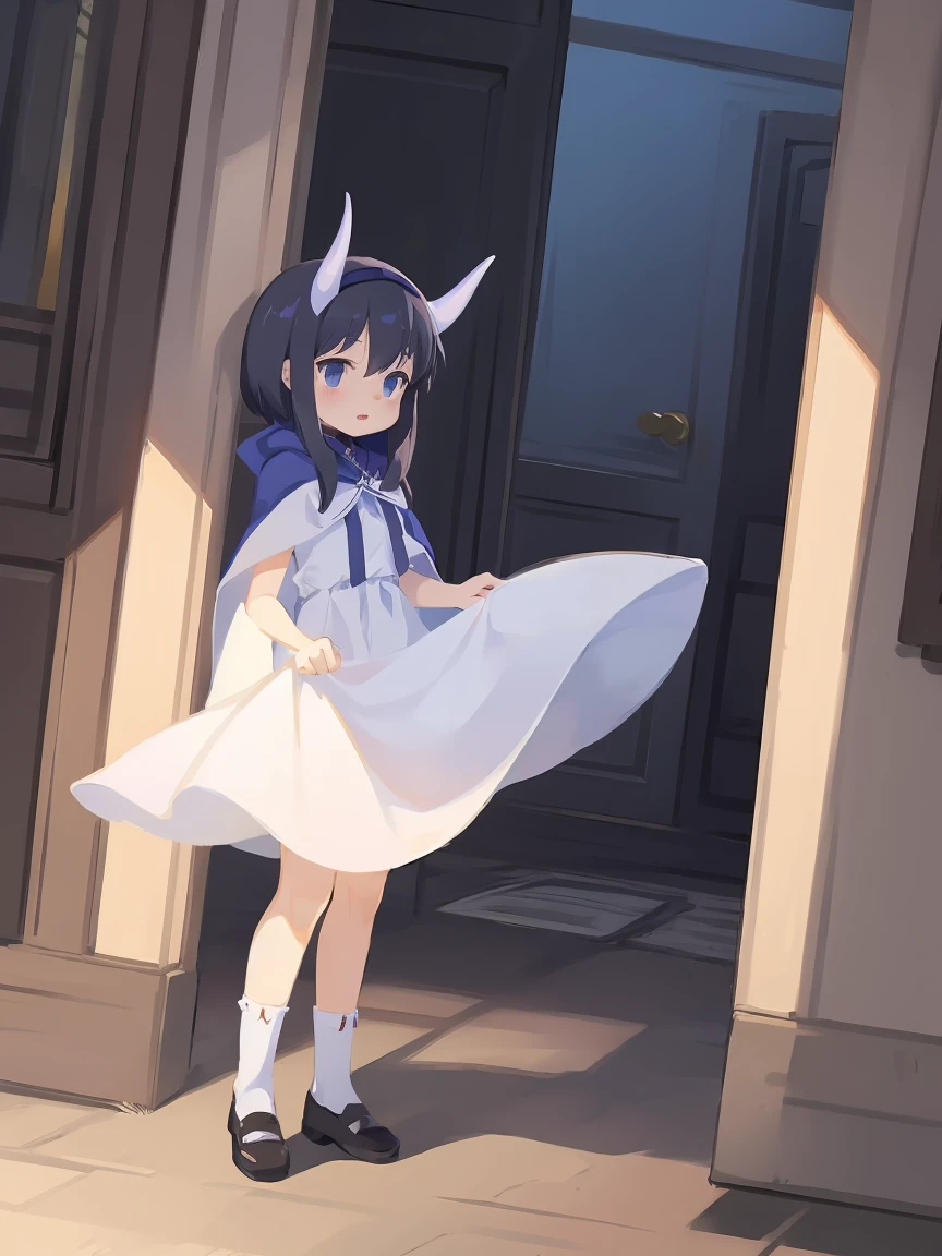 a cartoon image of a girl in a blue cape and white dress, an anime drawing by Jin Homura, pixiv, anime style like fate/stay night, black haire, goat horns, standing