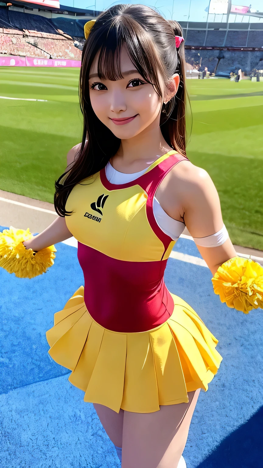 Two all-around Asian cheerleaders posing dynamically with pom-poms at the stadium、write、Close-up、Cosplay Photo、Anime Cosplay、Shortcuts、cute、Raw photo, Highest quality, High resolution, (masterpiece), (Photorealistic:1.4), Professional photography, Sharp focus, Hmph, 8K resolution, Intricate details,  Depth of written boundary, Highly detailed CG Unity 8k wallpaper, woman, With a girl, Beautiful Supermodel, Laughter、Slender、Small cheer uniform、yellow、Huge boobs:1.2