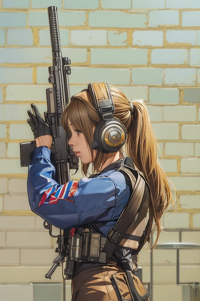 Elaizaikedareal, 1girl, solo, short hair, skirt, blonde hair, red eyes, gloves, ponytail, weapon, pantyhose, hairband, boots, holding weapon, gun, black pantyhose, rifle, one knee, sniper rifle, scope, shell casing
