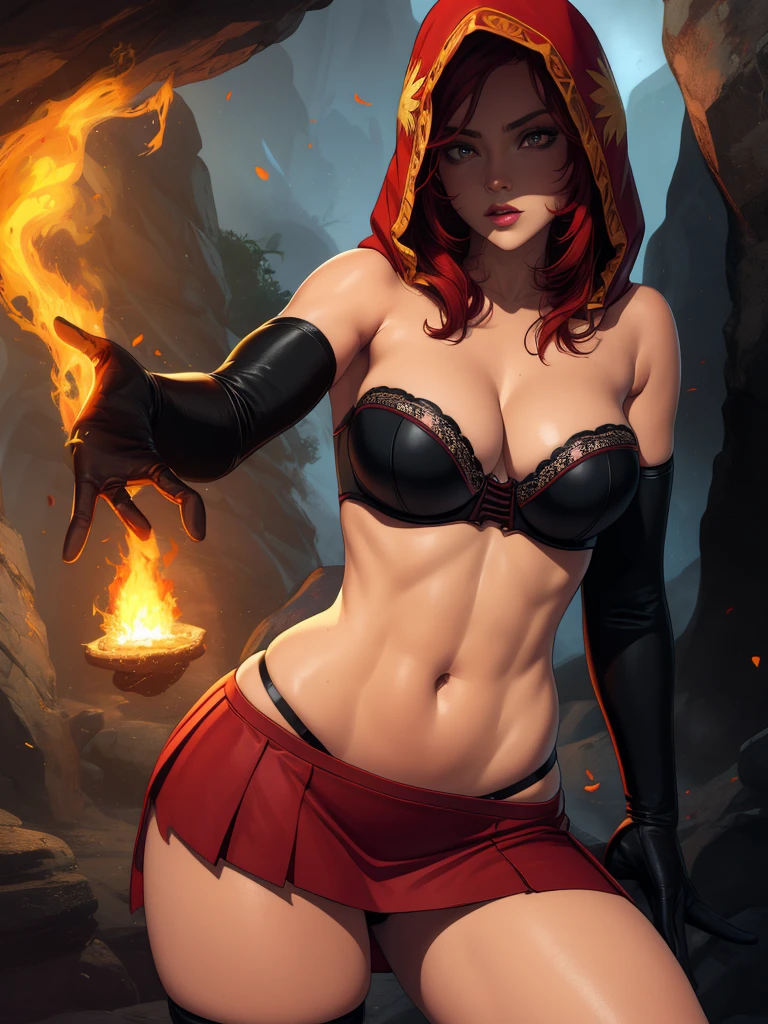 Dsorceress, redhair, shadowy face,dark cave, fire, hood, shadowed face, strapless bra, slim and athletic body, miniskirt, no panty, elbow gloves, dark skin, 1 girl (insanely detailed, masterpiece, best quality)