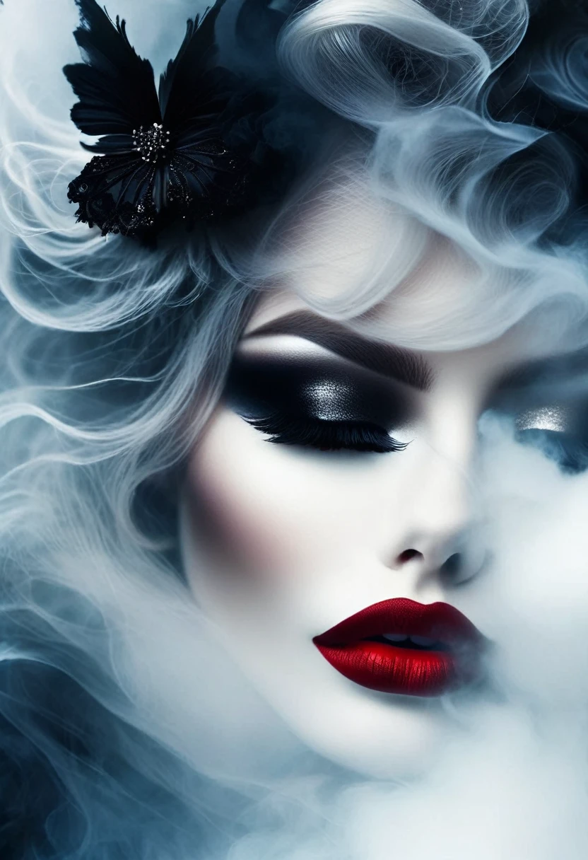 Gothic art，Dream，（Just one stunning close-up of the face），Gothic makeup，Red lips only, White smoke floating around，plain white background，Lots of empty space