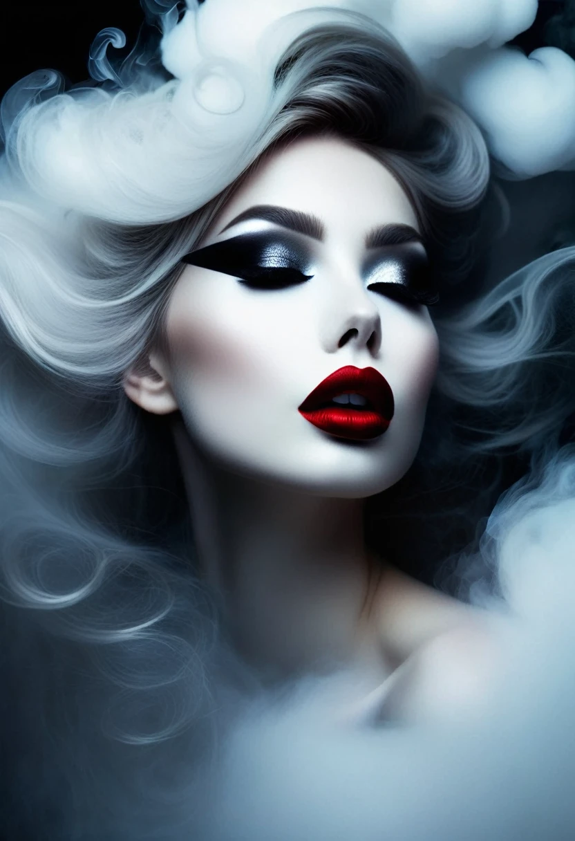 Gothic art,Dream,(Just one stunning close-up of the face),Gothic makeup,Red lips only, White smoke floating around,plain white background,Lots of empty space