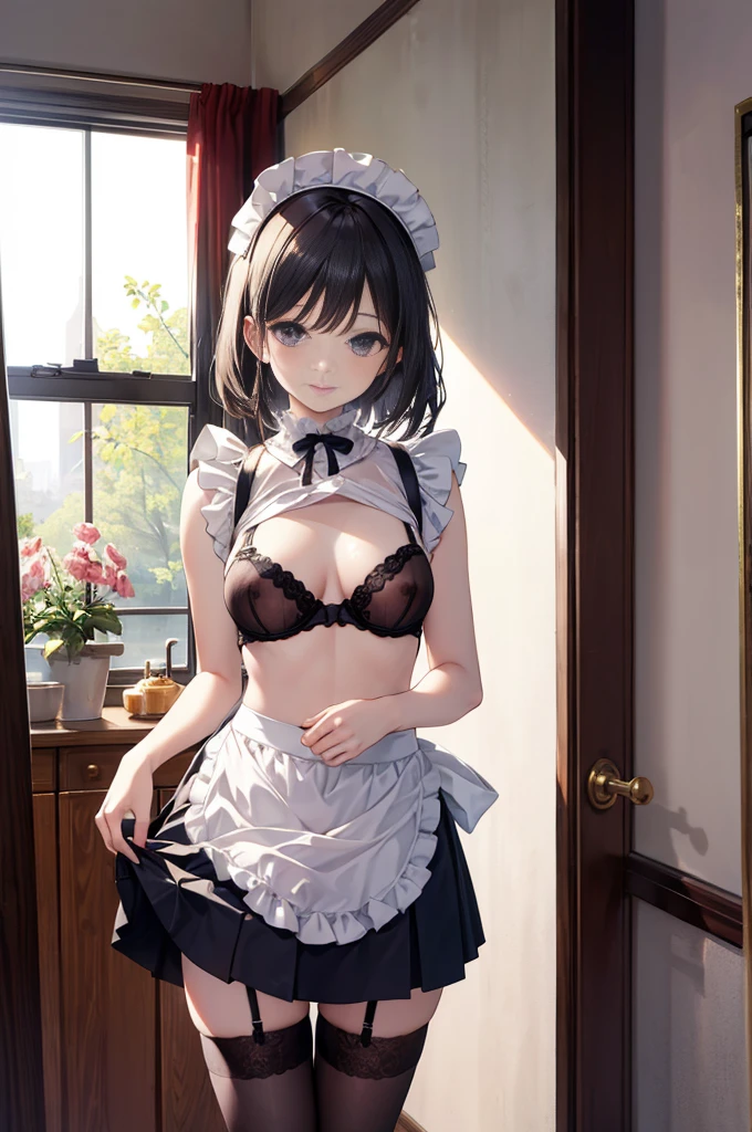 (masterpiece), Mature Woman,Frilled maid outfit, Panniers,Small breasts,Natural light, Realistic, Diffuse Light, skinny, vapor, (Please lift your skirt), (urination), With a smile.garter belt,Enamel stockings,Long nipples,Areola,See-through bra, Fellatio gestures,Frill apron