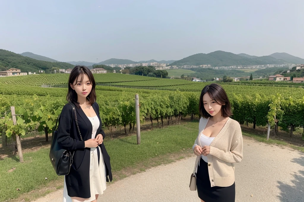 8k best picture quality, Beautiful 36-year-old Korean woman, short and nice weather. Chest size 34 inches, Dense fog at dawn in the Italian countryside, past the vineyard, A cathedral can be seen in the village in the distance in the fog..., The back background is realistic and vivid quality., Short and medium hair blowing in the wind, Wear luxury brand travel clothes, wearing a cardigan., a faint smile. the background is clear, Short and slim Korean woman, stand far away, Photo taken with a wide-angle lens