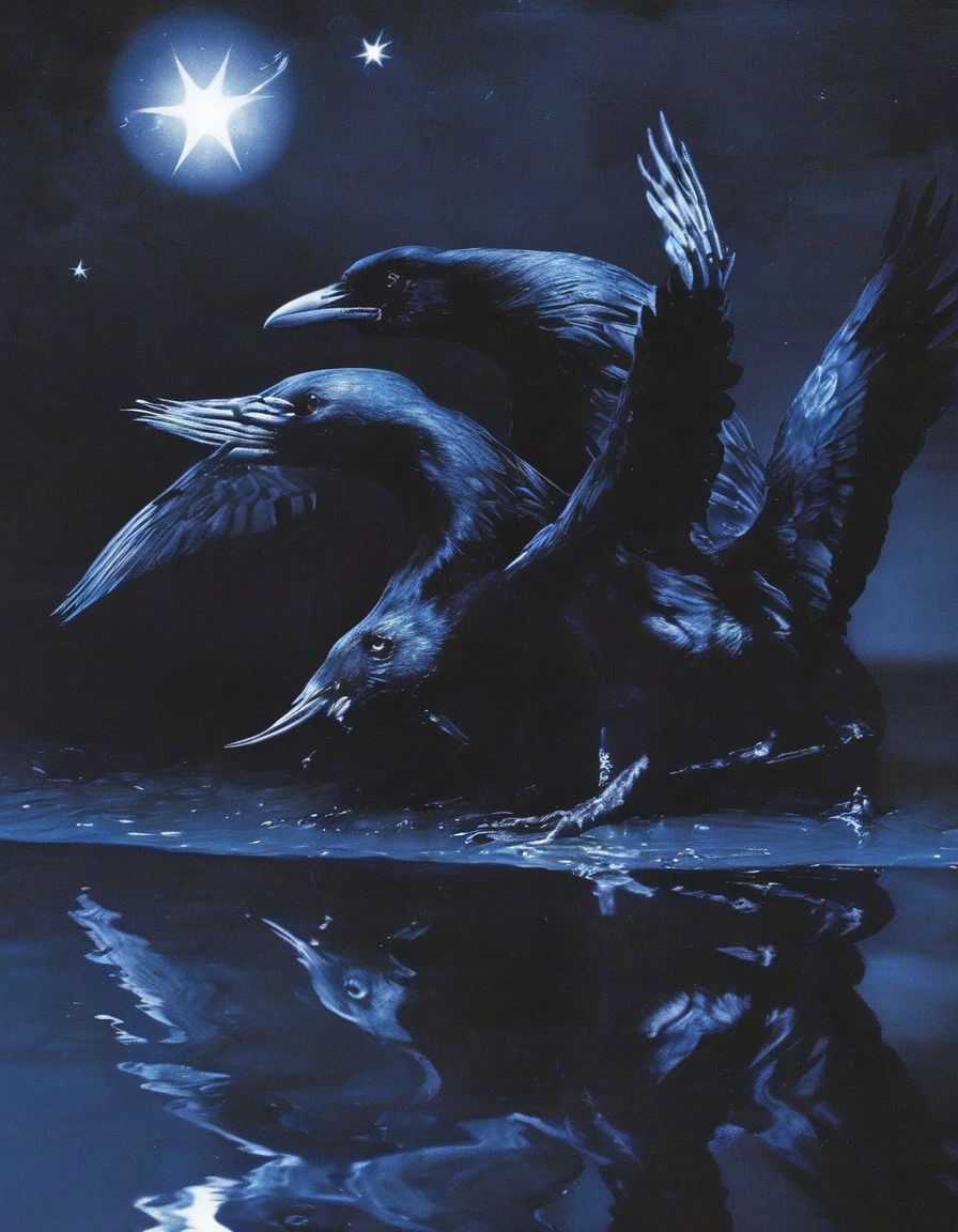ravens in water, stars background