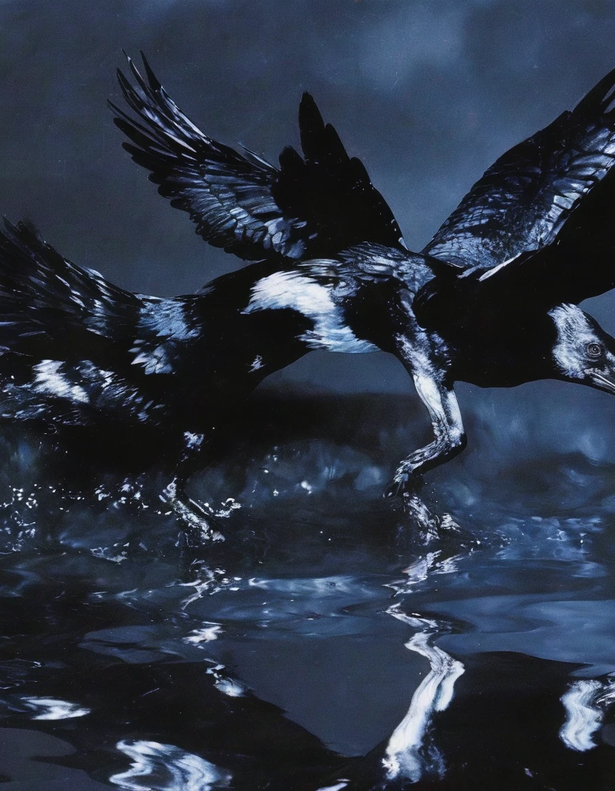 ravens in water, stars background