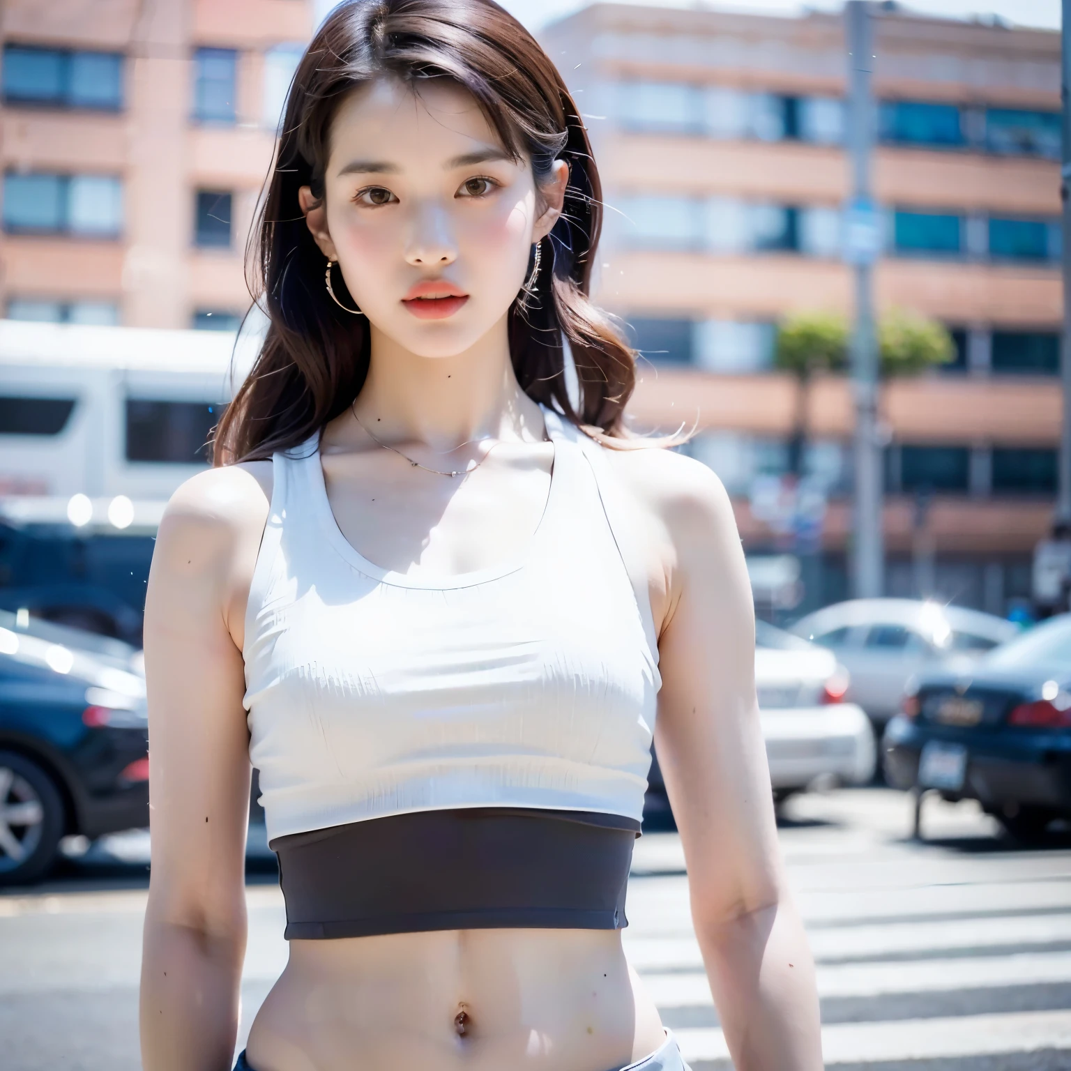 ((realistic lighting, best quality, 8K, masterpiece: 1.3)), clear focus: 1.2, 1 woman, perfect body beauty: 1.4, slim abs: 1.1, ((dark brown hair)), (white crop top: 1.4), (outdoor, night: 1.1), city street, super fine face, good eyes, double eyelid, IU, Kpop