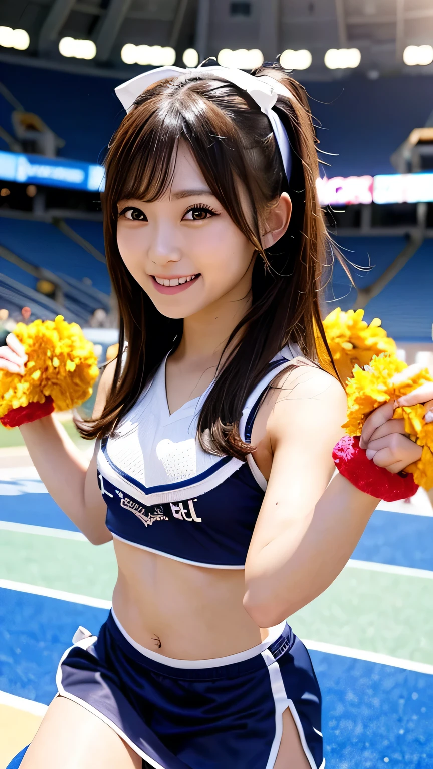 Two all-around Asian cheerleaders posing dynamically with pom-poms at the stadium、write、Close-up、Cosplay Photo、Anime Cosplay、Shortcuts、cute、Raw photo, Highest quality, High resolution, (masterpiece), (Photorealistic:1.4), Professional photography, Sharp focus, Hmph, 8K resolution, Intricate details,  Depth of written boundary, Highly detailed CG Unity 8k wallpaper, woman, With a girl, Beautiful Supermodel, Laughter、Slender、Small cheer uniform、yellow、Huge boobs:1.2