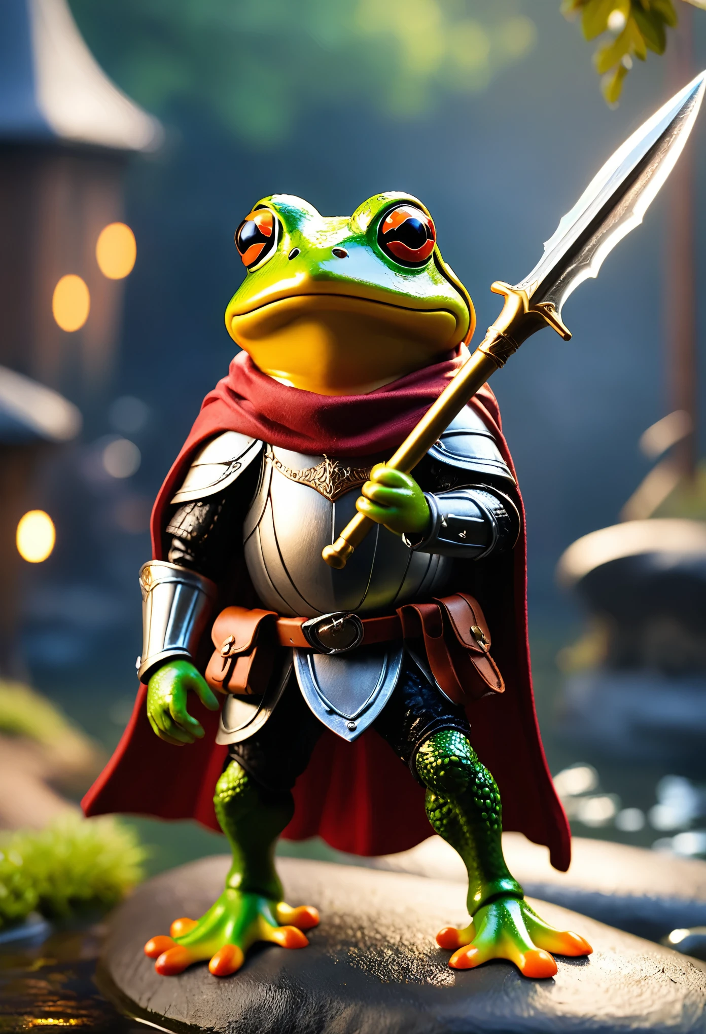 Knight Frog, Cool frog, Pop Frog, diorama, simple backround, bandana, epic trident in hand, gritty, cape, best quality, Capture the most beautiful moments, Depth of the written edge, super detailed, Ultra high resolution